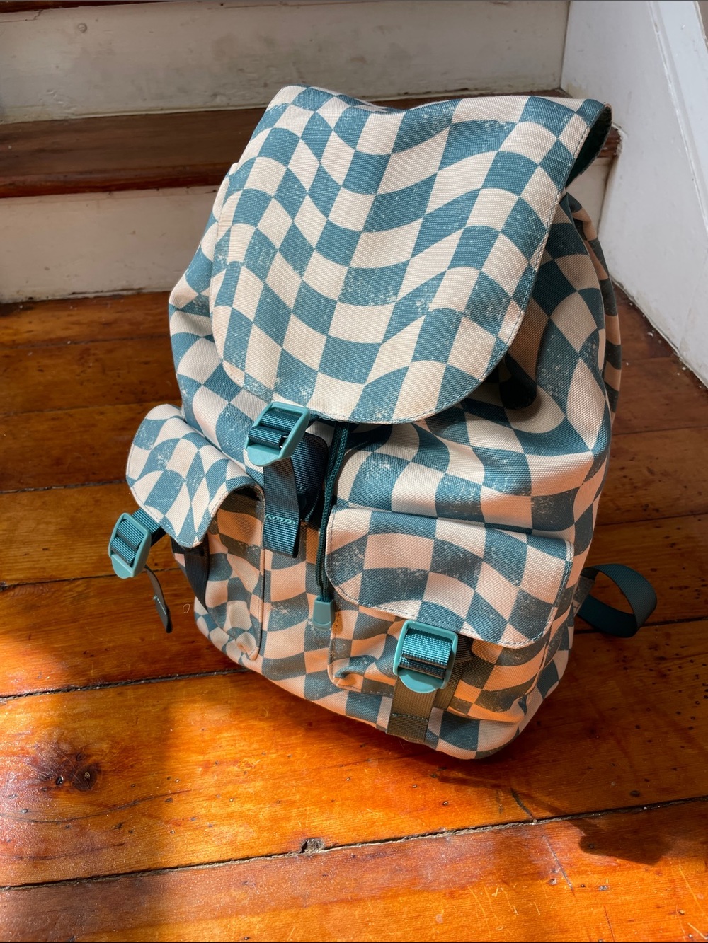 Canvas Checkerboard Backpack in Teal and Cream